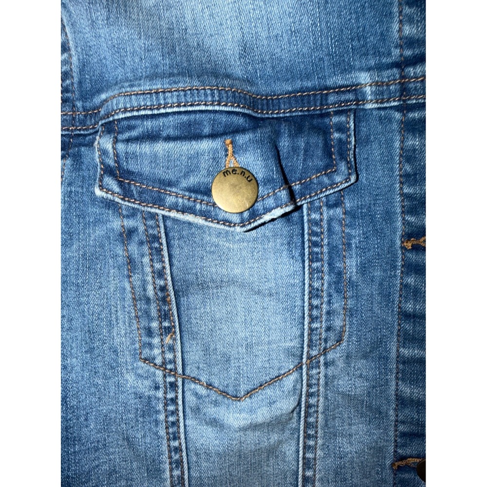 ME.N.U Denim Jacket Medium Wash Rhinestone Heart Star Slim Fit Womens Size M - Picture 8 of 8